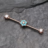Detail View 1 of Rose Gold Turquoise Spring Flower Sparkle Prong Industrial Barbell-Clear Gem/Turquoise