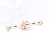 Detail View 1 of Golden Crescent Moon Celestial Sparkle Ends Industrial Barbell-Clear Gem