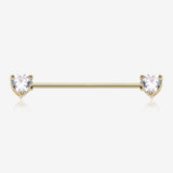 Golden Brilliant Heart Sparkle Ends Industrial Barbell-Clear Gem