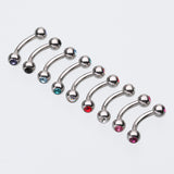 Detail View 1 of Double Gem Ball Curved Barbell Eyebrow Ring-Blue