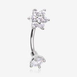 Brilliant Sparkle Flower Prong Gem Top Curved Barbell
