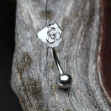 Detail View 3 of White Rose Blossom Sparkle Curved Barbell Ring-White/Clear