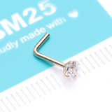 Detail View 4 of 14 Karat Gold Prong Set Gem Top L-Shaped Nose Ring-Clear Gem