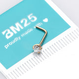 Detail View 2 of 14 Karat Gold Prong Set Heart Sparkle L-Shaped Nose Ring-Clear Gem