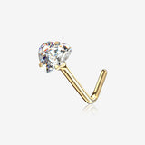 14 Karat Gold Prong Set Heart Sparkle L-Shaped Nose Ring-Clear Gem