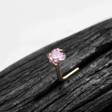 Detail View 1 of 14 Karat Gold Prong Set Heart Sparkle L-Shaped Nose Ring-Pink