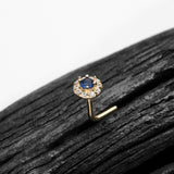 Detail View 1 of 14 Karat Gold Double Tiered Brilliant Sparkle Multi Gem L-Shaped Nose Ring-Clear Gem/Blue