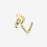14 Karat Gold Adorable Baby Foot Sparkle L-Shaped Nose Ring