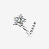 14 Karat White Gold Spring Flower Sparkle L-Shaped Nose Ring-Clear Gem