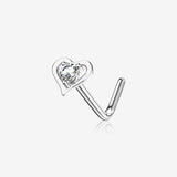 14 Karat White Gold Hollow Heart Sparkle L-Shaped Nose Ring-Clear Gem