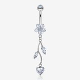 14 Karat White Gold Spring Flower Vine Sparkle Dangle Belly Button Ring