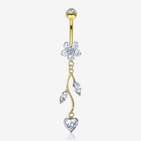 14 Karat Gold Spring Flower Vine Sparkle Dangle Belly Button Ring-Clear Gem