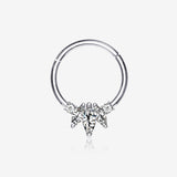 14 Karat White Gold Marquise Floral Sparkle Clicker Hoop Ring