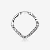 14 Karat White Gold Brilliant Sparkle Chevron Clicker Hoop Ring-Clear Gem