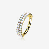 14 Karat Gold Double Lined Fire Opal Row Hoop Seamless Clicker Hoop Ring-White Opal