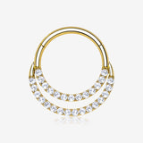 14 Karat Gold Brilliant Sparkle Double Loop Lined Gems Seamless Clicker Hoop Ring-Clear Gem