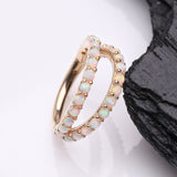 Detail View 1 of 14 Karat Gold Fire Opal Double Hoop Seamless Clicker Hoop Ring-White Opal
