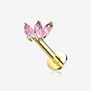 14 Karat Gold OneFit Threadless Triple Marquise Sparkle Flower Flat Back Stud Labret