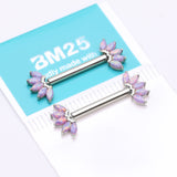 Detail View 3 of A Pair of 14 Karat White Gold OneFit Threadless Marquise Fire Opal Floral Nipple Barbell-Purple Opal