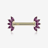 A Pair of 14 Karat Gold OneFit Threadless Marquise Sparkle Floral Nipple Barbell-Red