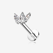 14 Karat White Gold OneFit Threadless Triple Marquise Sparkle Flower Flat Back Stud Labret