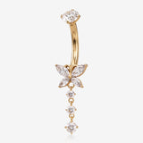 14 Karat Gold Internally Threaded Butterfly Dangle Gem Sparkles Belly Button Ring-Clear Gem