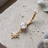 Detail View 1 of 14 Karat Gold Internally Threaded Starburst Dangle Sparkle Belly Button Ring-Clear Gem