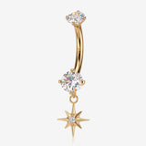 14 Karat Gold Internally Threaded Starburst Dangle Sparkle Belly Button Ring-Clear Gem