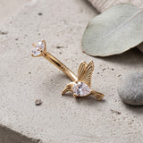 Detail View 1 of 14 Karat Gold Internally Threaded Dainty Hummingbird Sparkle Belly Button Ring-Clear Gem