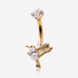 14 Karat Gold Internally Threaded Dainty Hummingbird Sparkle Belly Button Ring-Clear Gem