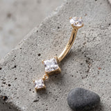 Detail View 1 of 14 Karat Gold Internally Threaded Double Square Gem Dangle Sparkles Belly Button Ring-Clear Gem