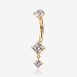 14 Karat Gold Internally Threaded Double Square Gem Dangle Sparkles Belly Button Ring-Clear Gem