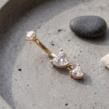 Detail View 1 of 14 Karat Gold Internally Threaded Double Heart Gem Dangle Sparkles Belly Button Ring-Clear Gem