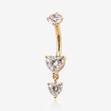 14 Karat Gold Internally Threaded Double Heart Gem Dangle Sparkles Belly Button Ring-Clear Gem