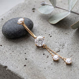 Detail View 1 of 14 Karat Gold Internally Threaded Double Round Gem Dangle Sparkles Belly Button Ring-Clear Gem