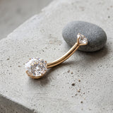 Detail View 1 of 14 Karat Gold Internally Threaded Round Gem Prong Belly Button Ring-Clear Gem