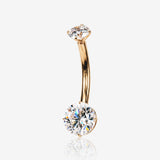 14 Karat Gold Internally Threaded Round Gem Prong Belly Button Ring-Clear Gem
