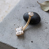 Detail View 1 of 14 Karat Gold Internally Threaded Square Gem Prong Belly Button Ring-Clear Gem