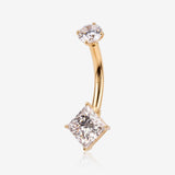 14 Karat Gold Internally Threaded Square Gem Prong Belly Button Ring-Clear Gem