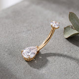 Detail View 1 of 14 Karat Gold Internally Threaded Teardrop Gem Prong Belly Button Ring-Clear Gem