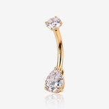 14 Karat Gold Internally Threaded Teardrop Gem Prong Belly Button Ring-Clear Gem