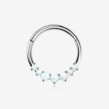 14 Karat White Gold Cascading Fire Opal Prong Set Lined Seamless Clicker Hoop Ring-White Opal