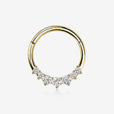 14 Karat Gold Cascading Multi-Gem Prong Set Lined Seamless Clicker Hoop Ring-Clear Gem