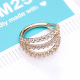Detail View 2 of 14 Karat Gold Triple Hoop Sparkle Rows Seamless Clicker Hoop Ring-Clear Gem