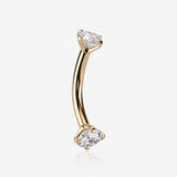 14 Karat Gold Internally Threaded Prong Set Gem Ends Curved Barbell-Clear Gem