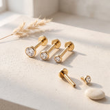 14 Karat Gold Internally Threaded Bezel Set Gem Top Labret Flat Back Stud