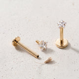 14 Karat Gold Internally Threaded Prong Set Star Gem Top Labret Flat Back Stud