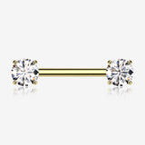 A Pair of Implant Grade Titanium Golden OneFit Threadless Prong Gem Sparkle Nipple Barbell