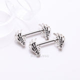 Detail View 1 of A Pair of Skeleton Hands of Death Steel Nipple Barbell