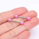 Detail View 2 of A Pair of Implant Grade Titanium Iridescent Fire Opal Ball Internally Threaded Nipple Barbell-Pink Opal